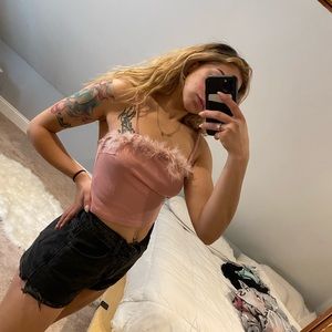 Pink fur spaghetti strap crop top